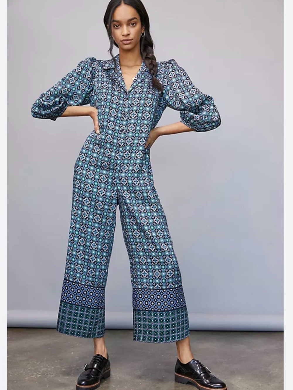Anthropologie Teal and Navy Geometric Print Jumpsuit